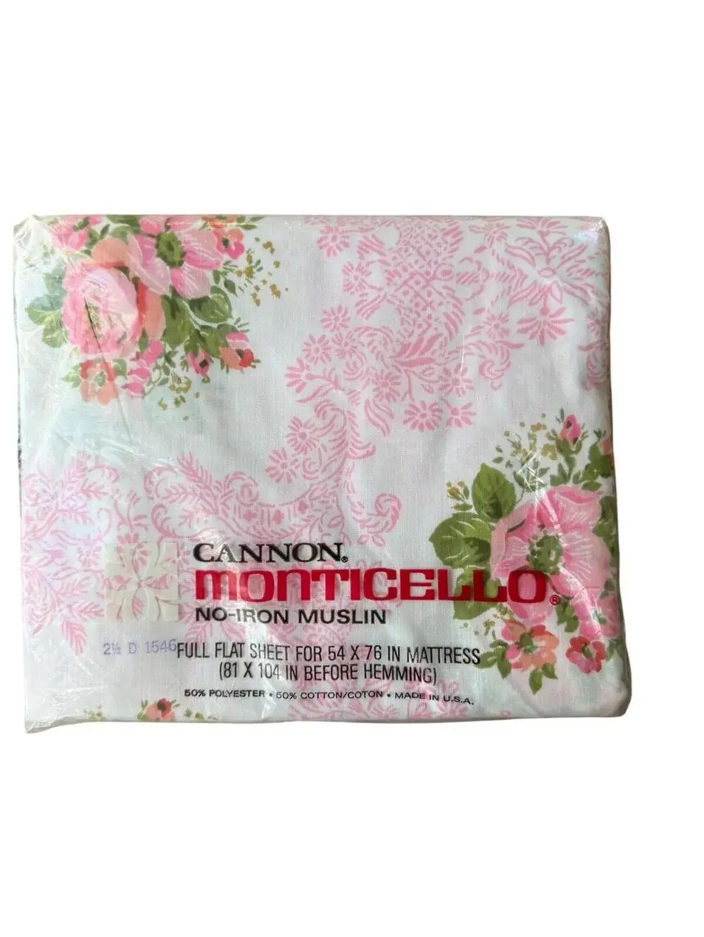 Vintage Cannon Monticello Two Full Flat Sheets Pillowcases Pink Roses Muslin NOS